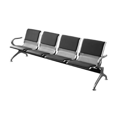 Longarina Estofada 4 Lugares Montreal Ordesign 215cmLargura Pu Preto Aço Cromado Pintura Cinza Braços