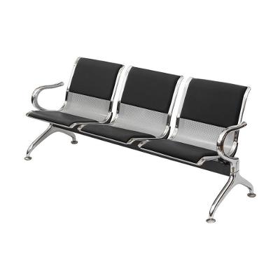 Longarina Estofada 3 Lugares Montreal Ordesign 173cmLargura Pu Preto Aço Cromado Pintura Cinza Braços