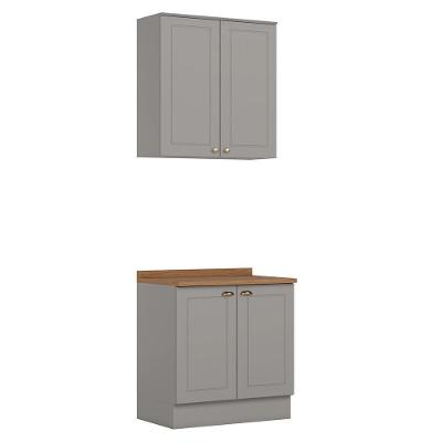 Cozinha Modulada Americana 2 Peças Aéreo E Balcão 80cm Cinza/nature Com Tampo Mdp - Móveis Henn Cinza/nature