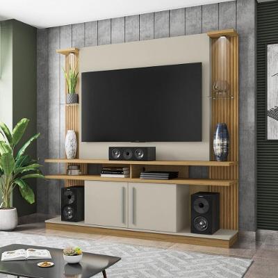 Rack Com Painel Para Tv Até 55 Polegadas Com Vidros 2 Leds E 2 Portas Multimóveis Cr45278 Cinamomo/off White/ripado