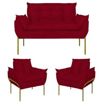 Kit 2 Poltronas Opala + Namoradeira Base Metal Dourada Vermelho