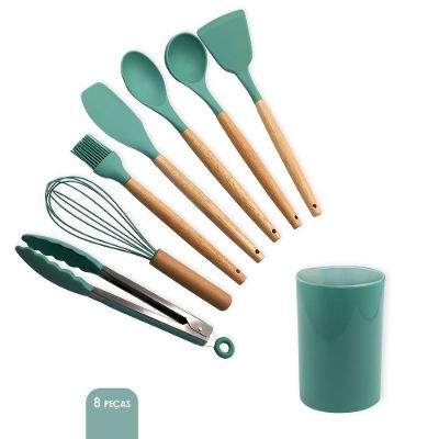 Conjunto Kit De Utensílios De Cozinha Em Silicone, 8 Peças, Verde Escuro Prático E Durável