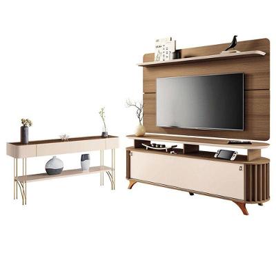 Rack Bancada Alba Com Painel Curv Com Aparador Vivant Castanho Off White - Hb Móveis