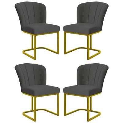 Kit 4 Cadeira Poltrona Flor Pés Metal Dourado Mesa Jantar Cozinha Cinza