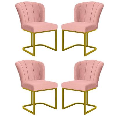 Kit 4 Cadeira Poltrona Flor Pés Metal Dourado Mesa Jantar Cozinha Rosa