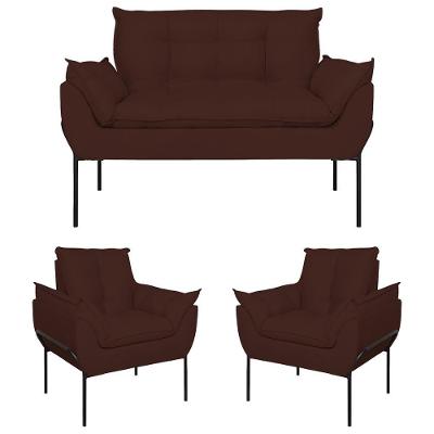 Kit 2 Poltronas Opala + Namoradeira Base Metal Preta Suede Marrom
