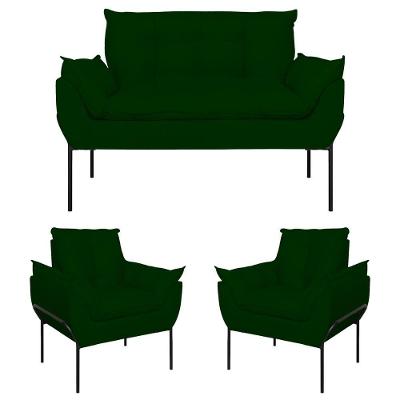 Kit 2 Poltronas Opala + Namoradeira Base Metal Preta Suede Verde