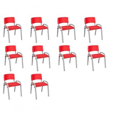 Kit 10 Cadeiras Infantil Iso, Escola, Base Cinza- Vermelho