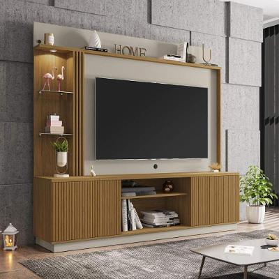 Rack Com Painel Para Tv Até 65 Polegadas Com Led Vidros E 2 Portas Multimóveis Cr45275 Cinamomo/off White/ripado