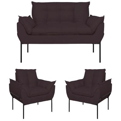 Kit 2 Poltronas Opala + Namoradeira Base Metal Preta Suede Cinza