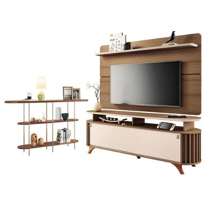 Rack Bancada Alba Com Painel Curv Com Aparador Infinity Castanho Off White - Hb Móveis