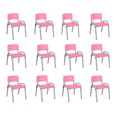 Kit 12 Cadeiras Infantil Iso, Escola, Base Cinza- Rosa