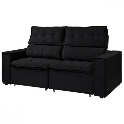 Sofá Para Sala Reclinavel Estofado Cancún 200cm Veludo Preto Preto