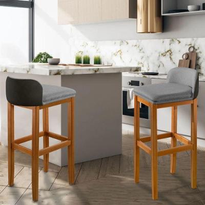 Kit 2 Banquetas Luxo Alta Onix - Base Em Madeira Maciça - Estofado Em Linho Com Composê No Corino