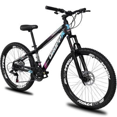 Bicicleta Aro 26 Dropp Freeride Alumínio 21m Freios A Disco Cãmbios Shimano - Preto Azul e Rosa