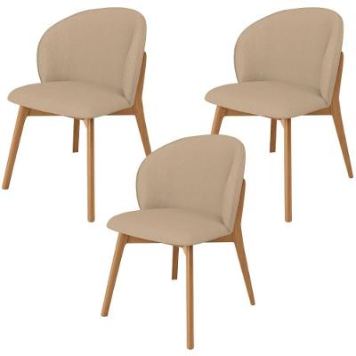 Kit 03 Cadeiras De Jantar E Estar Living Estofada Mia L02 Linho Bege Escuro - Lyam Decor