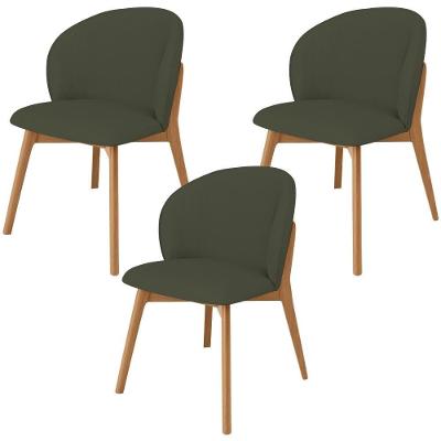 Kit 03 Cadeiras De Jantar E Estar Living Estofada Mia L02 Linho Verde Musgo - Lyam Decor