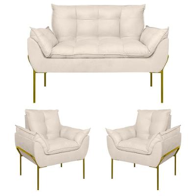 Kit 2 Poltronas + Namoradeira Pé Metal Dourado Recepção Sala Bege