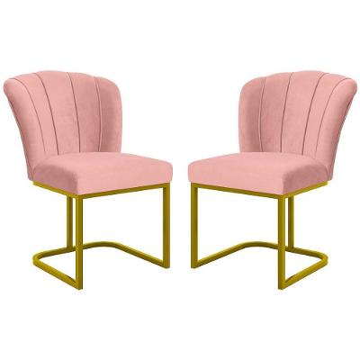 Kit 2 Cadeiras Poltrona Flor Pés Metal Dourado Mesa Quarto Cozinha Rosa
