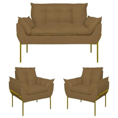 Kit 2 Poltronas + Namoradeira Pé Metal Dourado Recepção Sala Capuccino