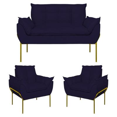 Kit 2 Poltronas + Namoradeira Pé Metal Dourado Recepção Sala Azul Marinho