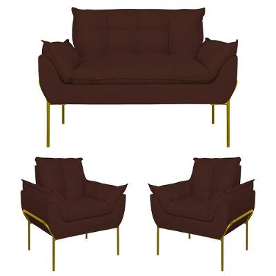 Kit 2 Poltronas + Namoradeira Pé Metal Dourado Recepção Sala Marrom