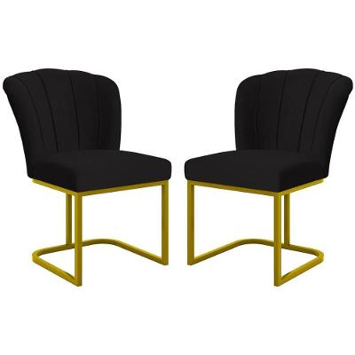 Kit 2 Cadeiras Poltrona Flor Pés Metal Dourado Mesa Quarto Cozinha Preto