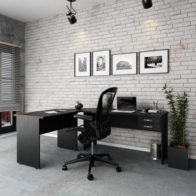 Escrivaninha Mesa De Escritório Em L 1,80x1,40m C-02gavetas Preto ônix