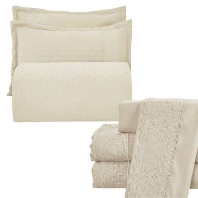 Kit Cobre Leito King + Jogo De Lençol Micropercal 300 Fios Com Bordado Inglês Santorini 7 Peças - Bege