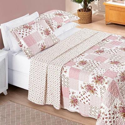 Colcha Casal Padrão Bouti Estampada Dupla Face 3 Peças - Rosa Matura