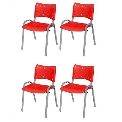 Cadeira Iso Base Cinza Escola, Escritório Vermelho Kit 4 Un
