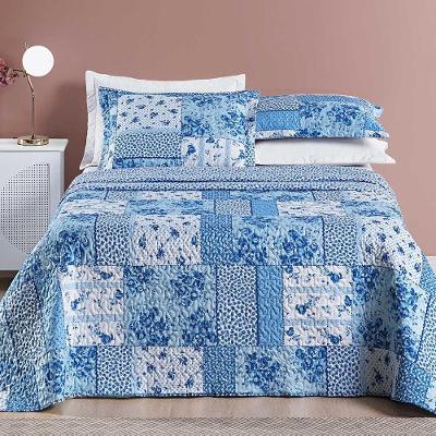 Kit Cobre Leito Colcha Dallas Casal Padrão Dupla Face Estampada 3 Peças - Azul Sereno Patchwork