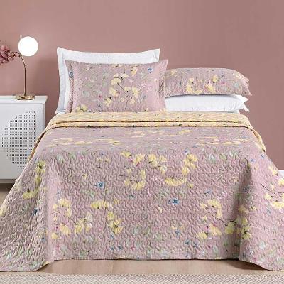 Kit Cobre Leito Colcha Dallas King Dupla Face Estampada 3 Peças - Rosê Lavanda Floral