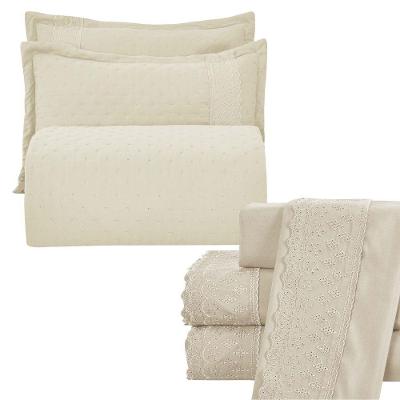 Kit Coordenado Grécia Cobre Leito + Jogo De Cama Casal Padrão Bordado Inglês 300 Fios - 7 Peças - Bege