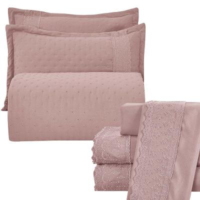 Kit Coordenado Grécia Cobre Leito + Jogo De Cama Queen Bordado Inglês 300 Fios - 7 Peças - Roxo Malva