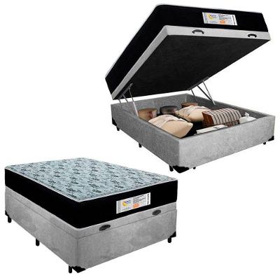Cama Box Baú Casal Suede + Colchão Molas Ensacadas Sereneprime Sonnolux 138cm Cinza - Suporta Até 110kg Por Pessoa