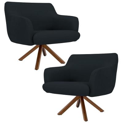 Kit 2 Poltronas Decorativas Giratórias Base Giromad Madeira Jade Veludo C-300 Preto - Domi