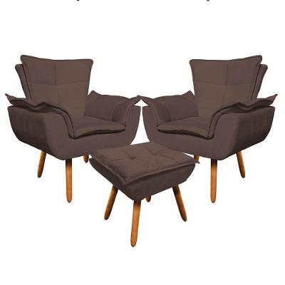 Kit 2 Poltronas Decorativas Pés Palito Com Puff Opla Suede Marrom - Ibiza