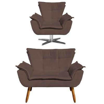 Kit Namoradeira 2 Lugares E 1 Poltrona Decorativa Giratória Cromada Opla Suede Marrom - Ibiza