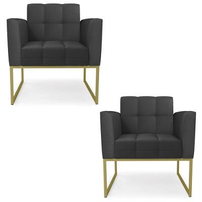 Poltrona Base Industrial Dourado Kit 2 Ana Sintético Preto - Ibiza