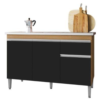 Balcão De Cozinha Para Pia Tatiane 120cm 3 Portas 1 Gaveta Sem Tampo Amêndoa/Preto