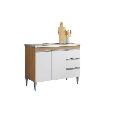 Balcão De Cozinha Para Pia Andréia 100cm 2 Portas 3 Gavetas Sem Tampo Amêndoa/Branco