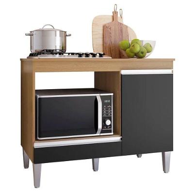 Balcão Cooktop Carla Com Tampo Para 4 Ou 5 Bocas Nicho Para Micro-ondas 1 Porta 1 Gaveta Amêndoa/Preto