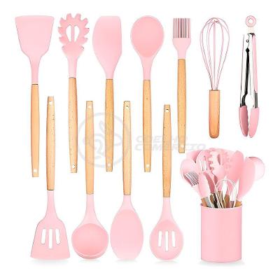 Kit 12 Peças Utensílios De Cozinha De Silicone E Cabo De Madeira Resistente Fácil De Limpar - Rosa
