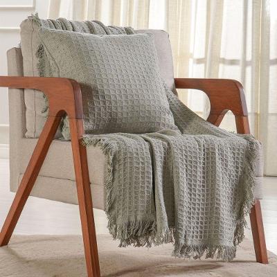 Kit Manta E 2 Almofada Decorativa Para Sofá Waffle 100% Algodão 120x150cm Verde Alfafa