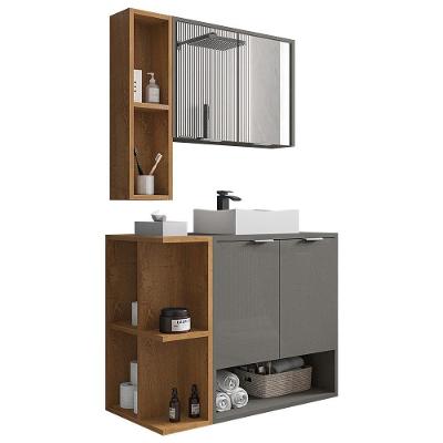Gabinete Banheiro Ibiza 2 Portas Cuba E Armario Espelheira Titanium naturale