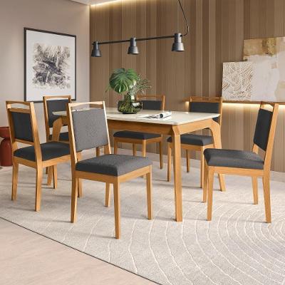 Conjunto Sala De Jantar Madeira Maciça 6 Cadeiras Kappesberg Off White Bouclé Chumbo