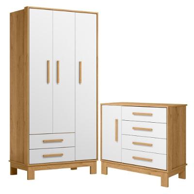 Roupeiro Com 3 Portas E Cômoda Malta Freijó Branco Acetinado