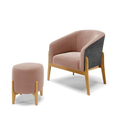 Poltrona E Puff Decorativo Base Madeira Stella Pu Preto/bouclê Rosê D03 - D'rossi