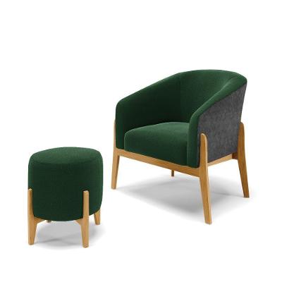 Poltrona E Puff Decorativo Base Madeira Stella Pu Preto/bouclê Verde D03 - D'rossi